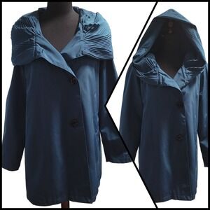 Vintage Gallery Teal L Dramatic Pleated Hooded Trench Rain Coat Lined Lagenlook